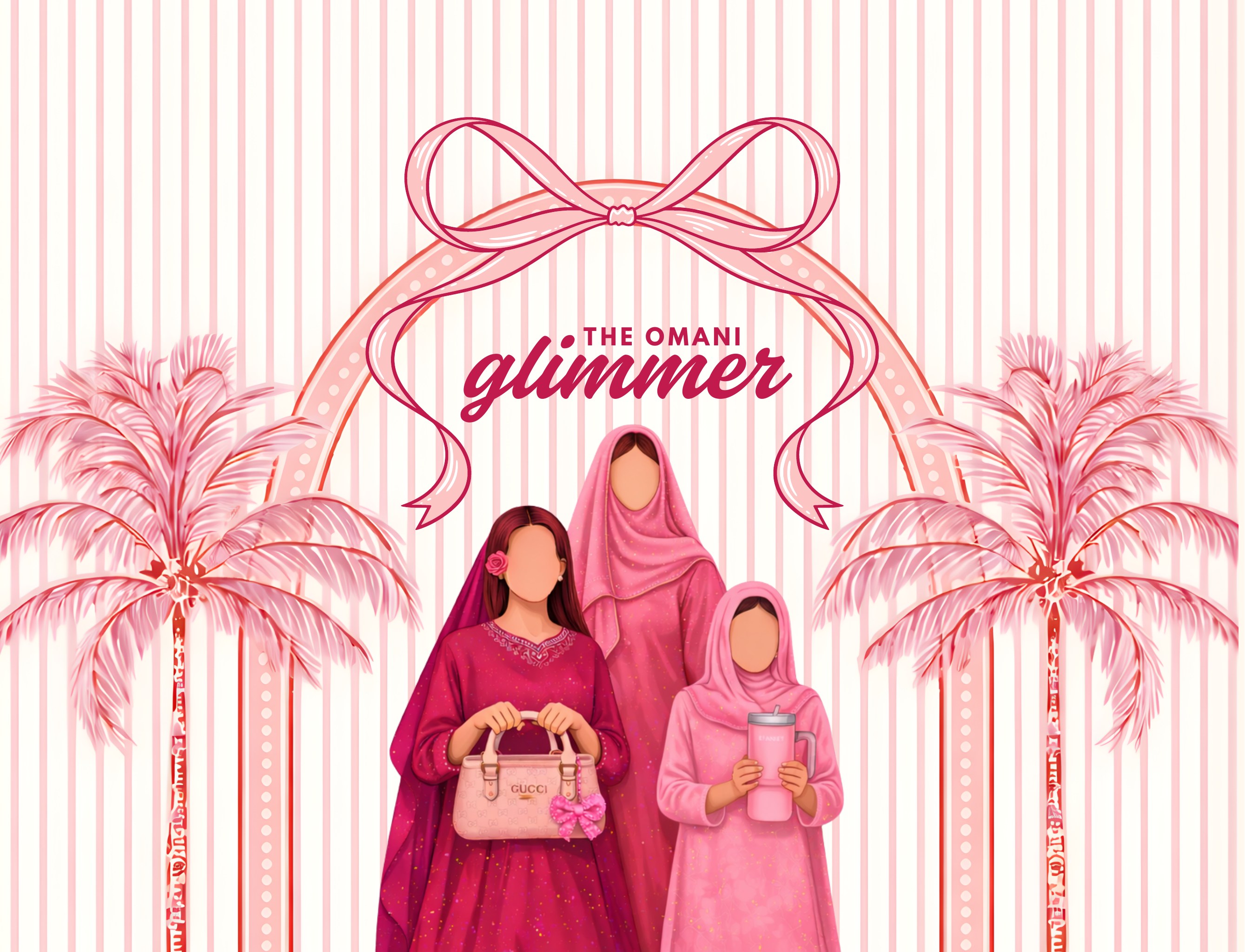 The Omani Glimmer illustration — pink palms, ribbon and Omani women